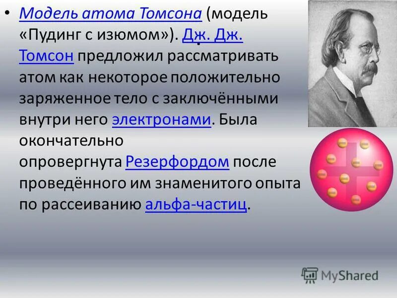 Модель атома томсона пудинг с изюмом. Дж Дж Томсон модель атома. Теория строения атома Дж Дж Томсона.