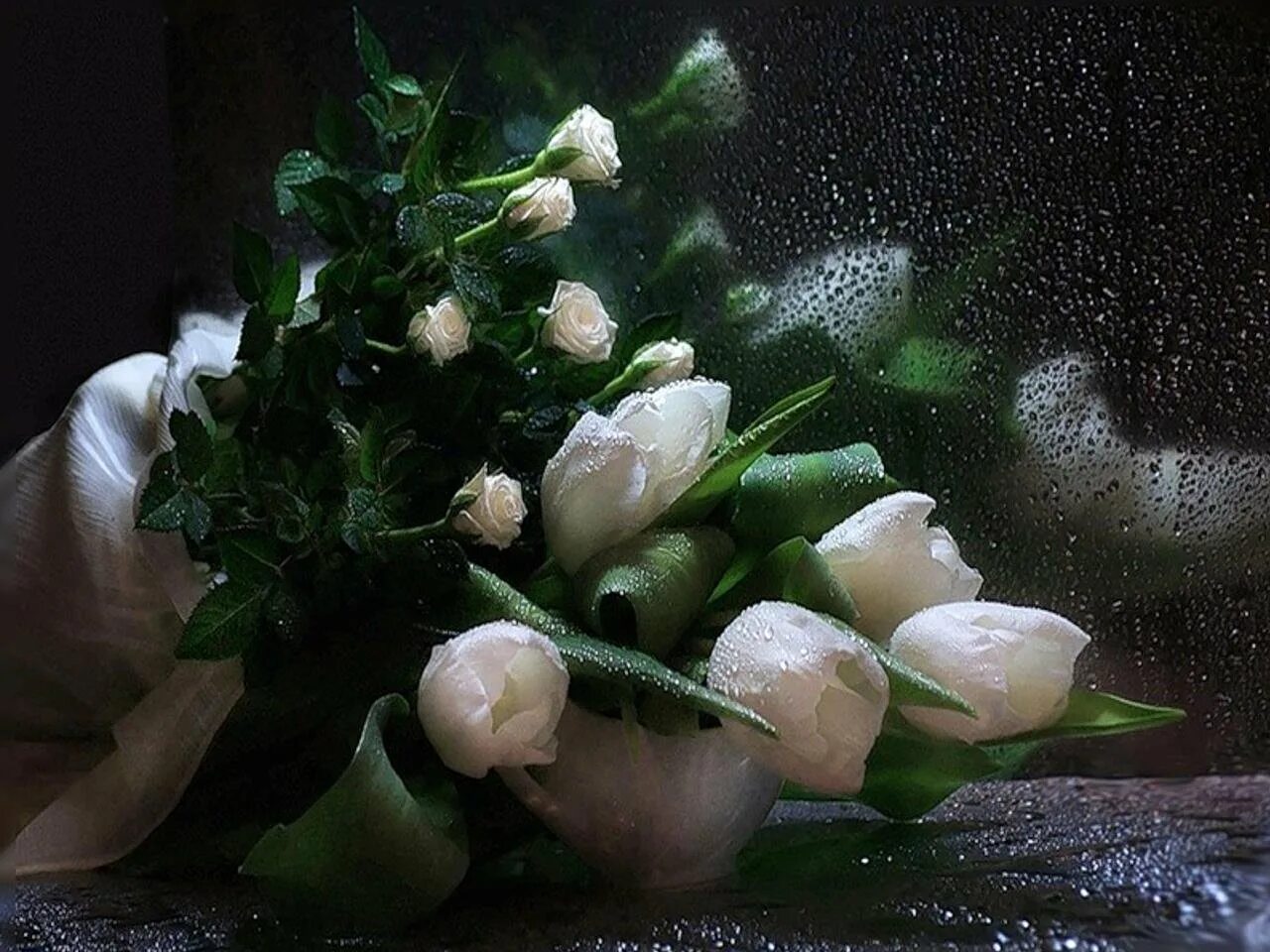 Белые тюльпаны. Белые розы. Добрый вечер с белыми розами. Вечерний букет цветов. Очаровательная нежность