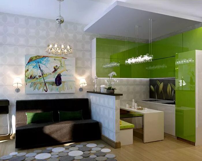 Kitchen design with green sofa photo (47 Photos)