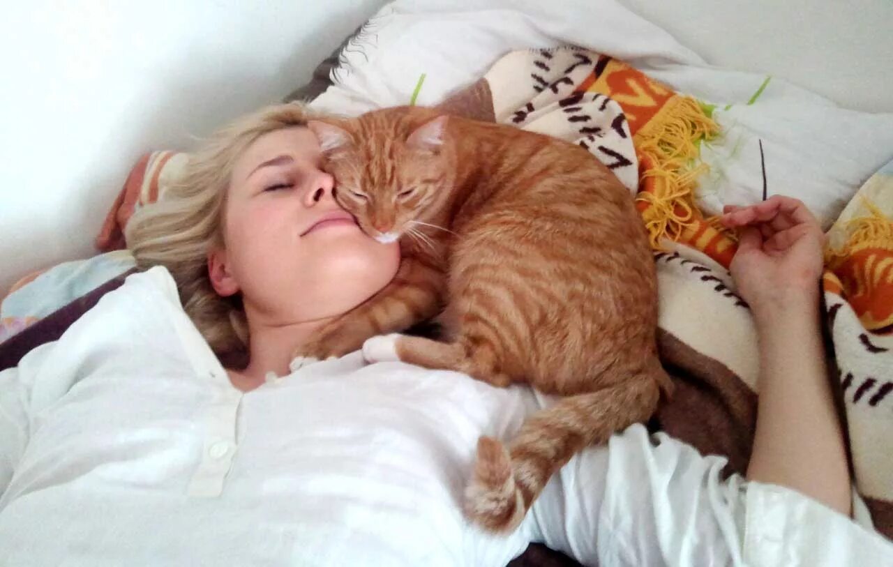 Кот лежит на девушке.