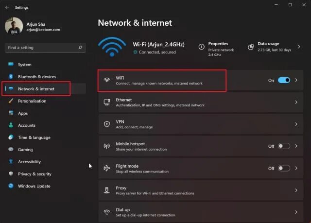 Network internet settings
