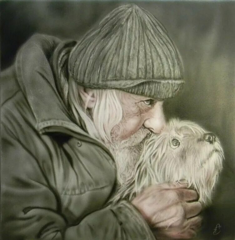 дедушка с собакой. одинокий старик. собака старый дед. старик и рыжая дворняга. люди добрые.