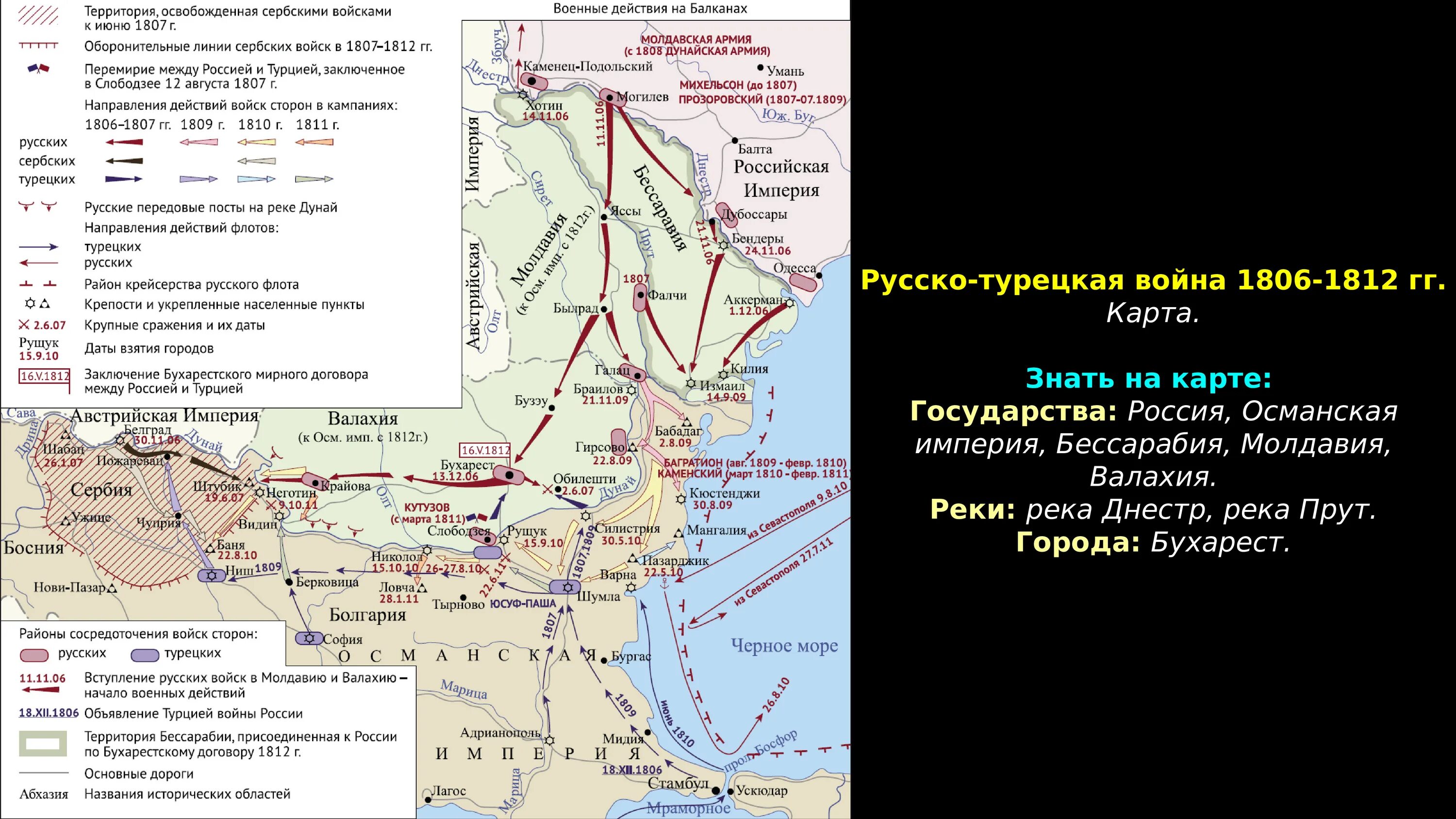 Стамбульский мирный договор. Карта по русско турецкой войне 1806-1812.