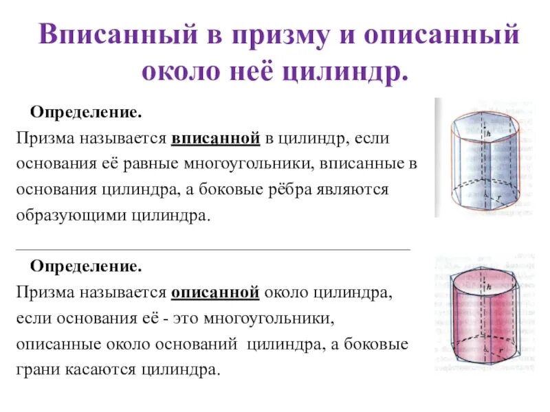 Призма описанная около цилиндра. Вписанная и описанная Призма в цилиндр. Что такое Призма вписанная в цилиндр описанная около цилиндра. Вписанный и описанный цилиндр. Величины характеризующие цилиндр