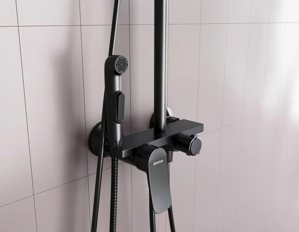 Душевая система apollo. Душевая система «damixa» apollo dx220920300 чёрная. damixa apollo dx220910300. damixa apollo dx220920300 с гигиеническим душем, черная. душевая система со смесителем-полкой apollo dx220920300.