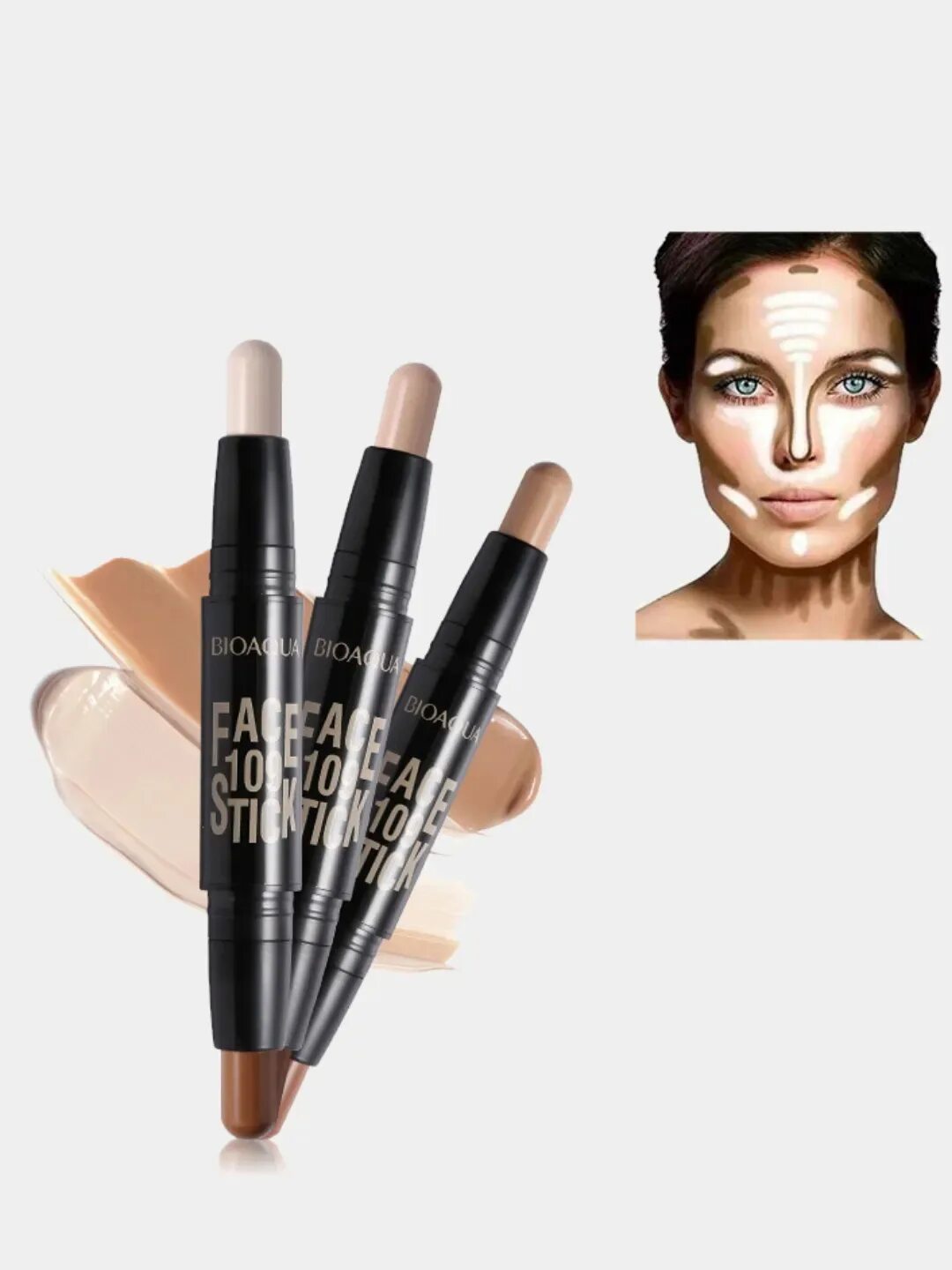 , Двусторонний карандаш-корректор лица BIOAQUA face 109 Stick. Стик хайлайтер и корректор. Консилер для лица био Аква файс 109. 2в1 двухсторонний корректор-стик для лица BIOAQUA