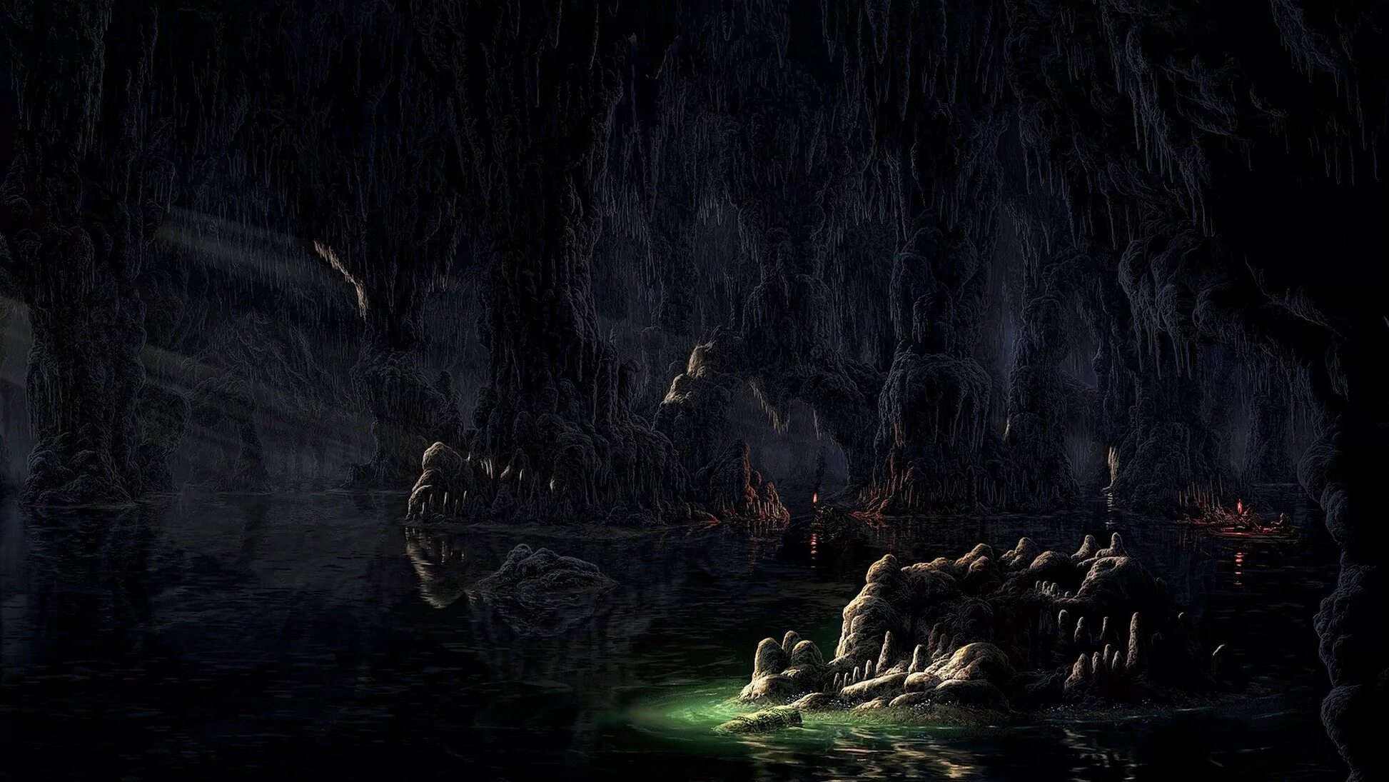 Темная пещера. Пещера фэнтези арт. Пещера мистическая. Подземная река фэнтези. Болотная пещера