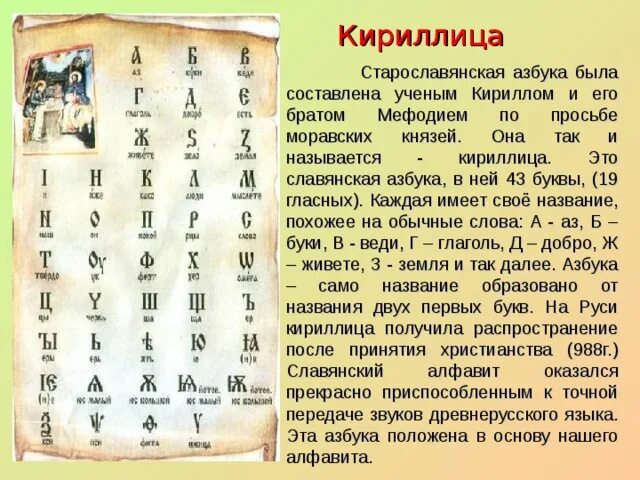 Создание первого алфавита в какой стране. Азбука кириллица была изобретена в IX В. братьями Кириллом и Мефодием.