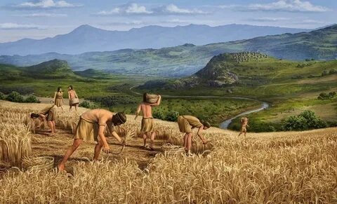 Peasant Farmers in a Grain Field Ancient Village on the Distant Hill - Moun...