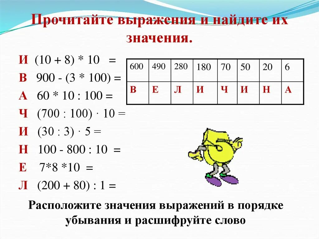 Расположи значения в порядке уменьшения. Прочитай выражение. Прочитайте выражения. Прочти и Найди значение. Прочтение выражений в 3 классе.