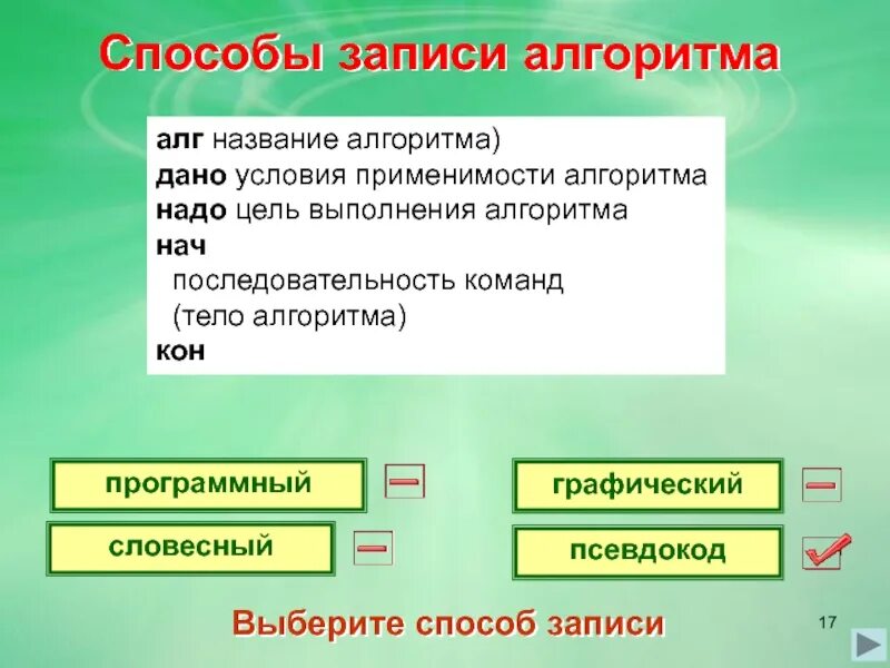 Выбери имя алгоритма. Программный способ записи алгоритма. выберите способы записи алгоритмов.. условия применимости алгоритма. наиболее полный перечень способов записи алгоритмов.