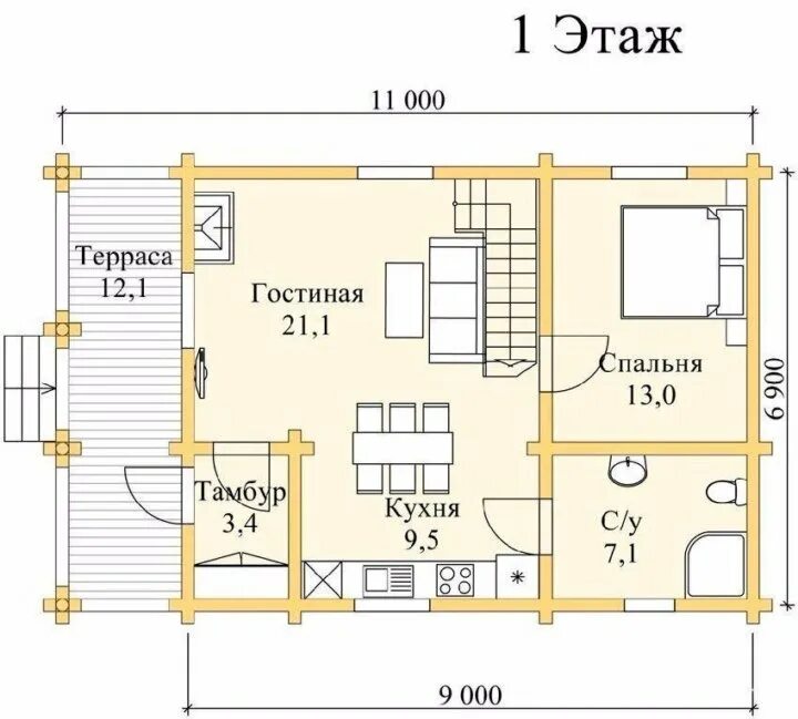Проект каркасного дома 6х9 с большой террасой - строительство под ключ