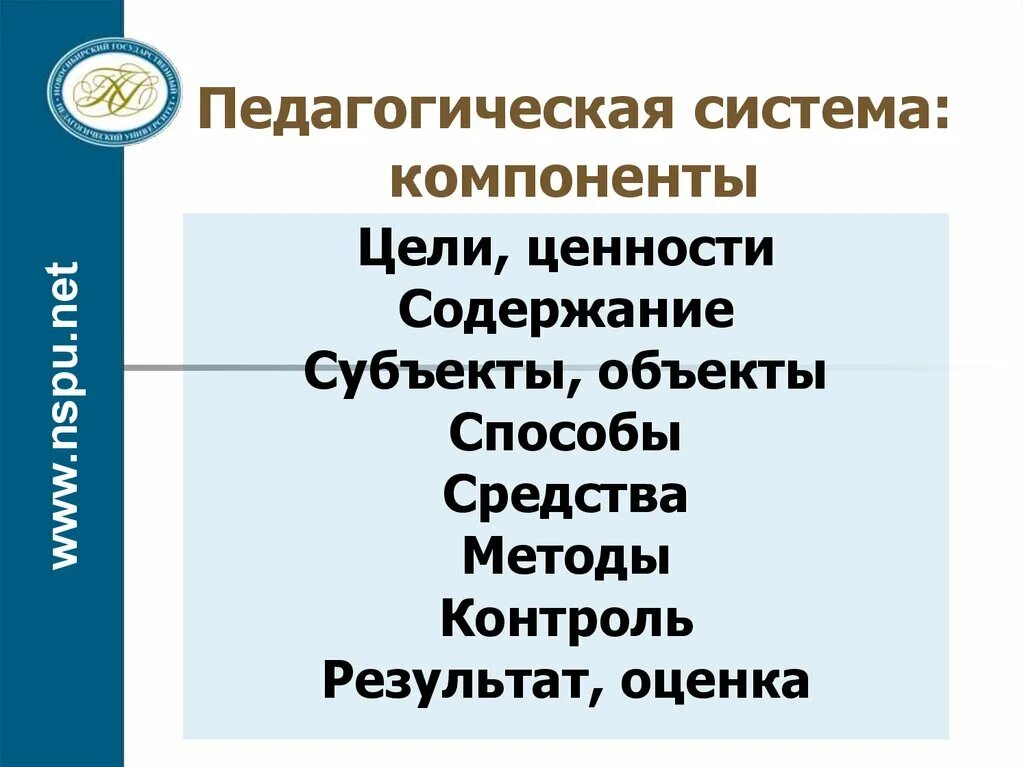 Система и ее компоненты. Педагогическая система и ее компоненты. компоненты цели.