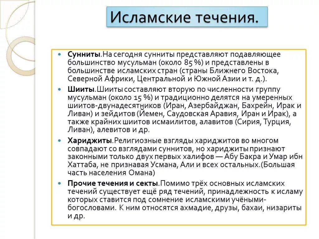 Течения Ислама. Течения Ислама сунниты. Течения в Исламе суннизм и шиизм.