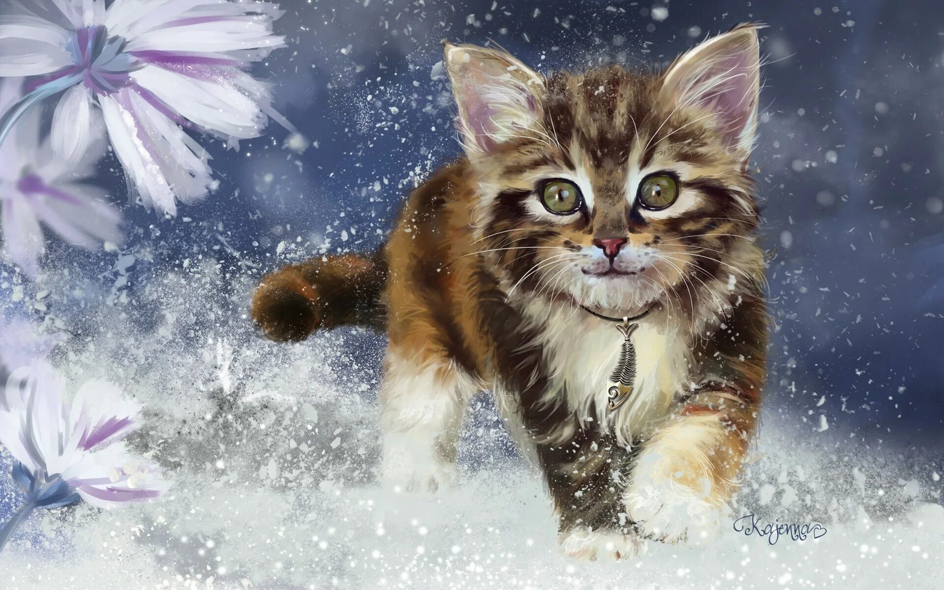 Художник Лорри Кайенна. Цифровой художник Лорри Kajenna Кайенна коты. Зимний кот. Котенок в снегу.
