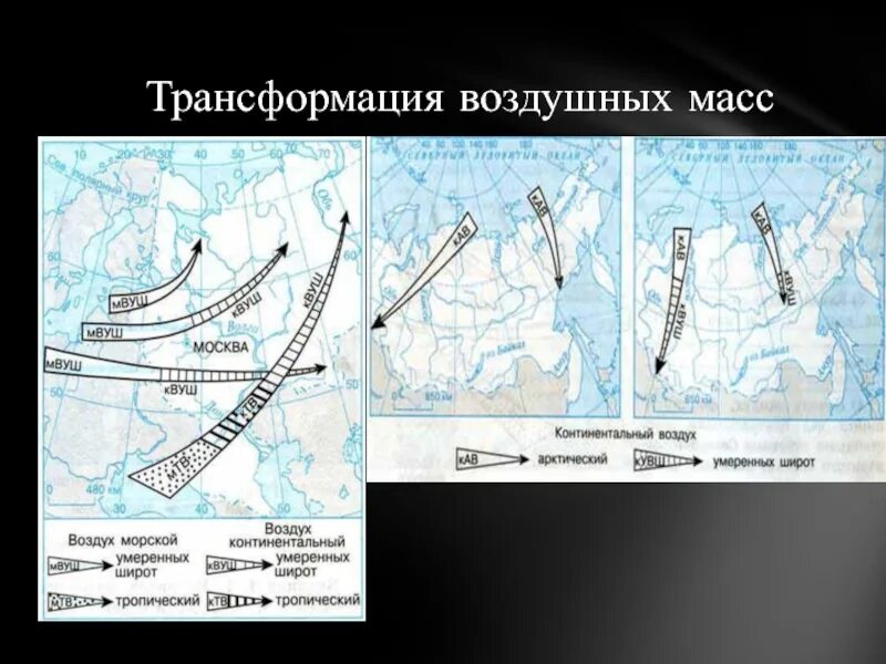 Трансформация воздуха. Трансформация воздушных масс. континентальный арктический воздух. континентальный умеренный воздух. морской континентальный воздух.