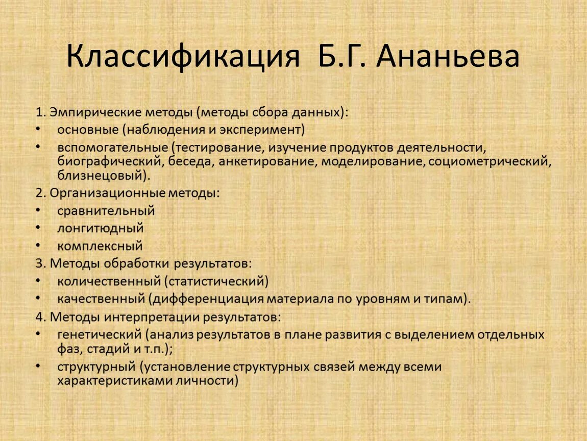 Группы методов по ананьеву. Классификация б г Ананьева. Б Г Ананьев методы психологического исследования. Классификация методов б г Ананьева. Классификация по Ананьеву психология.