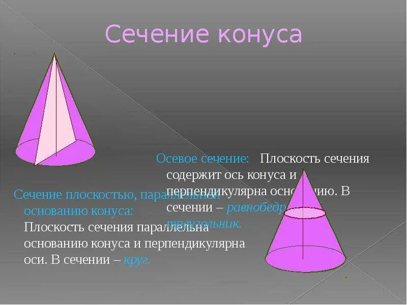 Основание конуса представляет собой. Сечение конуса параллельное основанию. Сечение конуса вращения. Сечение параллельное оси конуса. Сечение конуса плоскостью.