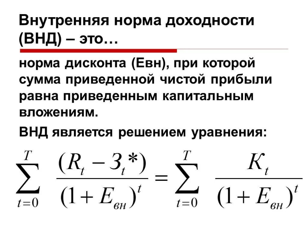 ВНД формула расчета. Формула расчета внутренней нормы доходности. Внутренняя норма прибыли инвестиционного проекта. Внутренняя норма доходности формула.