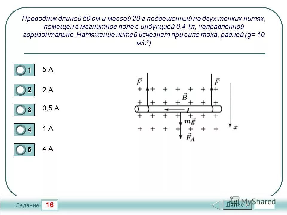 Тело массой 10 кг подвешено. Проводник в магнитном поле на нитях. Вертикальный проводник. Сила натяжения нити в магнитном поле. Прямой проводник.