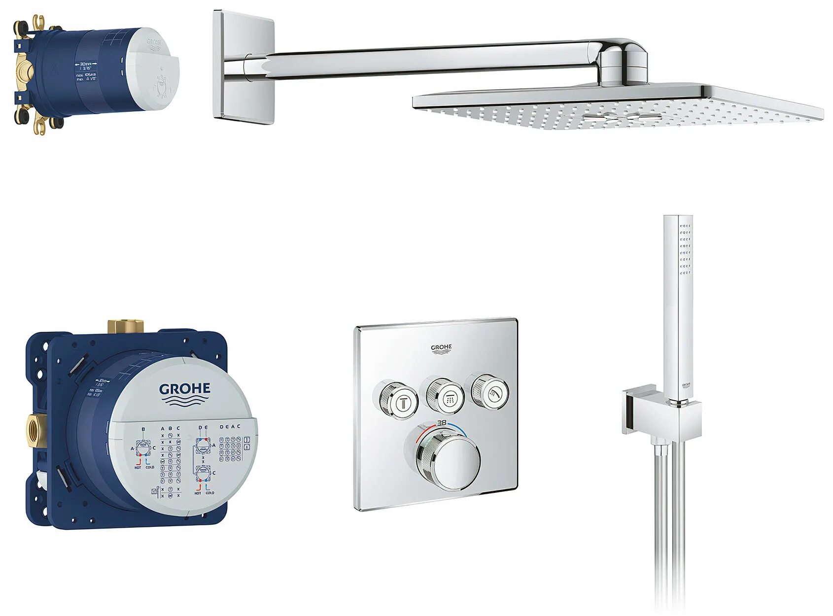 Grohtherm SMARTCONTROL 34706000. Grohe Grohtherm SMARTCONTROL 34744000. Grohe Grohtherm SMARTCONTROL 34706000 С внутренней частью. 25219001 Grohe. Встраиваемый комплект для душа