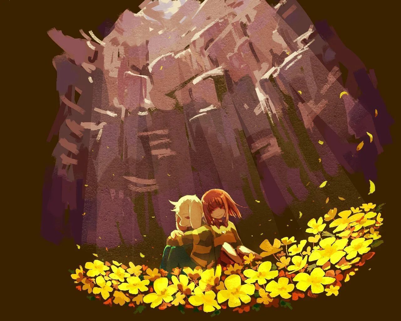 Ruins undertale. Гора Эббот андертейл. Локации андертейл руины золотые цветы. Андертейл Азриэль и Чара и золотые цветы. Андертейл Чара и Азриэль.