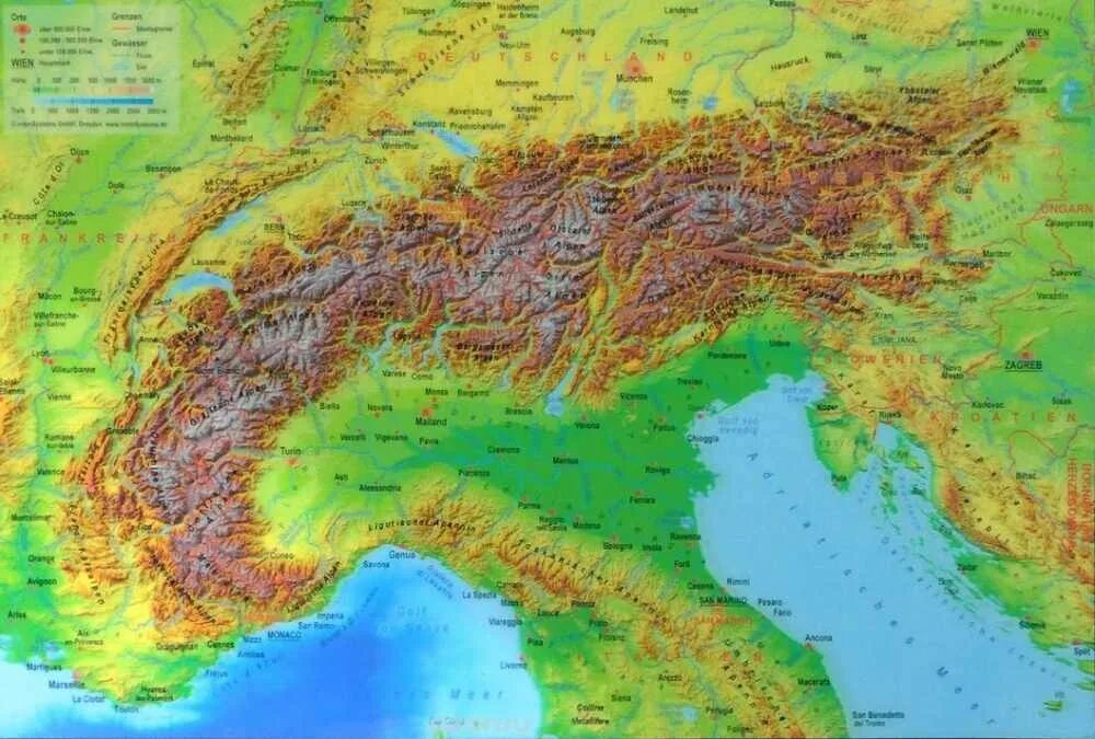 Горы Альпы на физической карте Евразии. Расположение гор Альпы на карте. Горная система Альпы на карте.