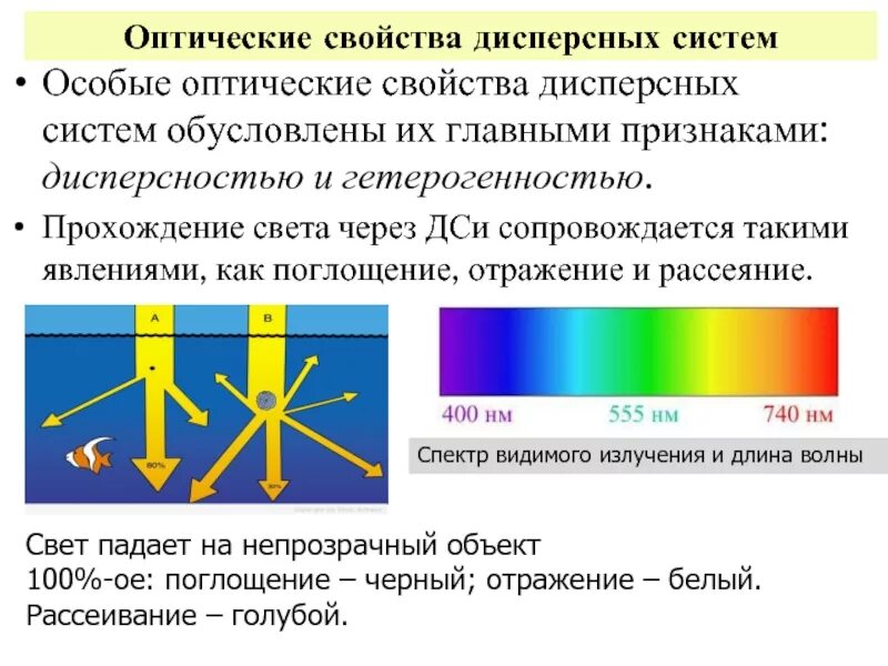 Светорассеяние в дисперсных системах. Оптические свойства дисперсных систем. Явление рассеяния света. Оптические явления в дисперсных системах. Какой физической характеристикой связано различие в цвете