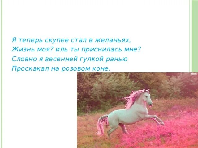 План текста конь с розовой. Весенней гулкой ранью проскакал на розовом коне. Будто я весенней гулкой ранью проскакал на...коне. Я теперь скупее стал в Желаньях жизнь. Стихи проскакал на розовом коне.