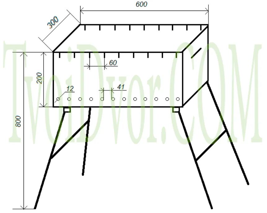 Разборный мангал чертеж 270мм 400мм. Мангал 600х300х200 чертежи. Оптимальный размер мангала для шашлыка чертеж. Чертёж мангала с прорезями.