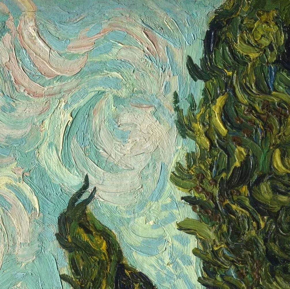 Ван гог пикассо. Van Gogh Cypress. Винсент Ван Гог валуны и дуб. Пабло Пикассо с Ван Гогом. Картина Ван Гога зеленая.