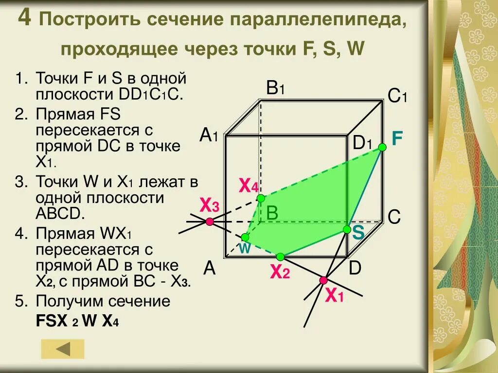 Сечение через точки. Алгоритм построения сечения параллелепипеда. Построение сечений параллелепипеда задача 1. Постройте сечение параллелепипеда плоскостью. Построение сечение параллелепипеда плоскостью.