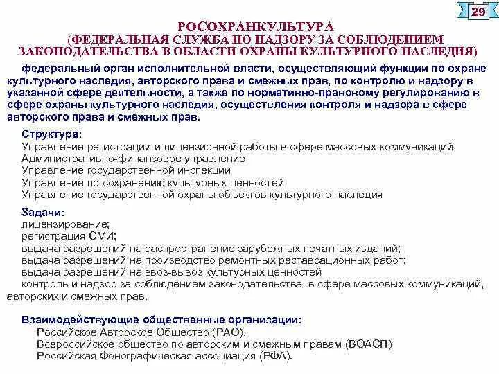 Организации охраны культурного наследия. Законодательство об охране культурного наследия. Орган охраны культурного наследия. 2. Правовое регулирование охраны культурного наследия. Росохранкультура.