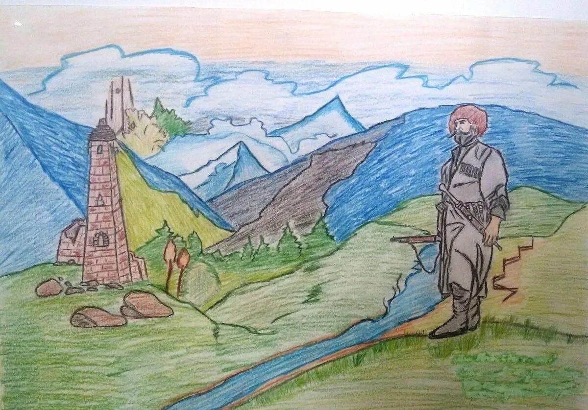 Рисунок на тему горы. Рисунок на тему мой Дагестан. Рисунок на историческую тему. Чеченские рисунки.