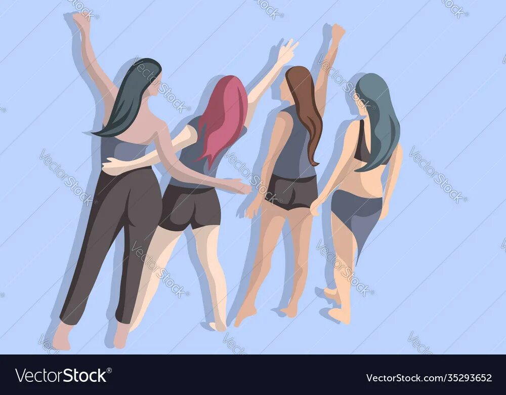 Flat 4 friends. Girl back Side vector. Person Dancing from the back. Girl pose from behind. Holding back Dancing.