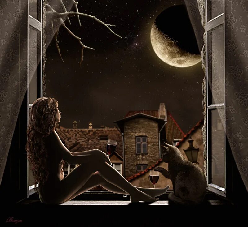 Луна заглядывает в окно. Девушка и ночь. Девушка сидит у окна ночью. Опустился вечер у моих ворот