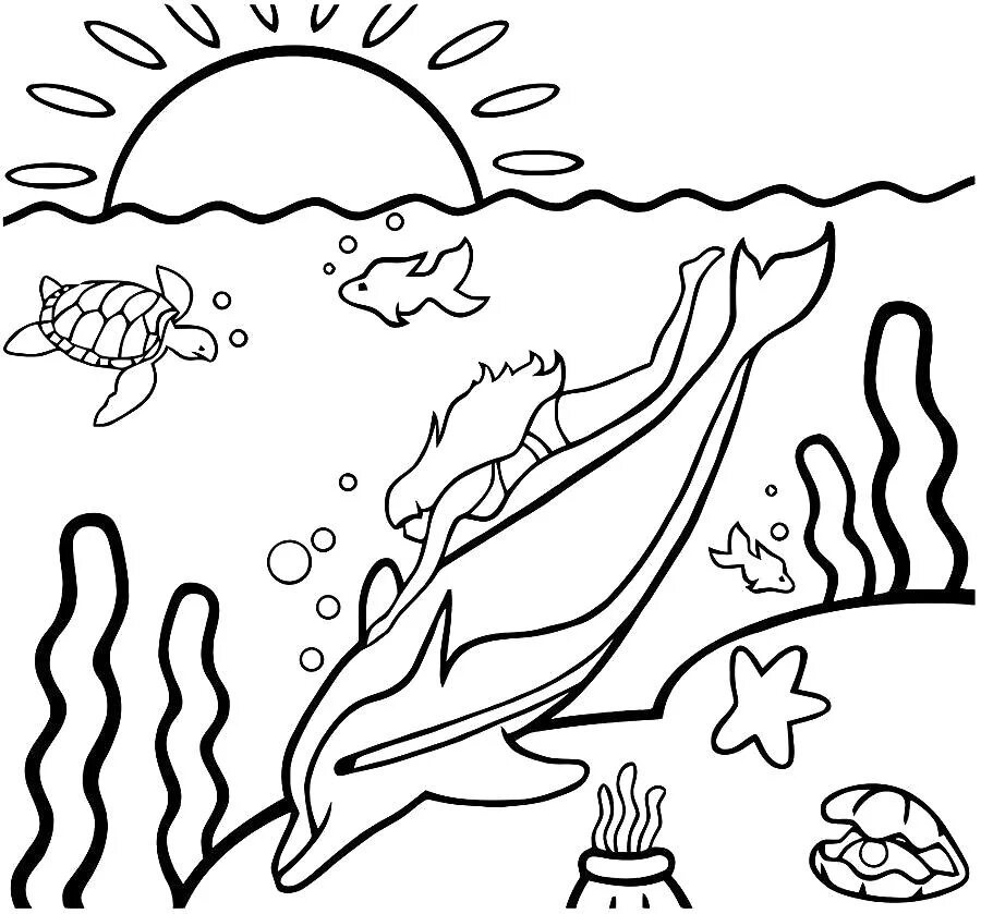 Раскраска на тему вода. В море. раскраска. море раскраска для детей. раскраска пейзаж. морской пейзаж раскраска.