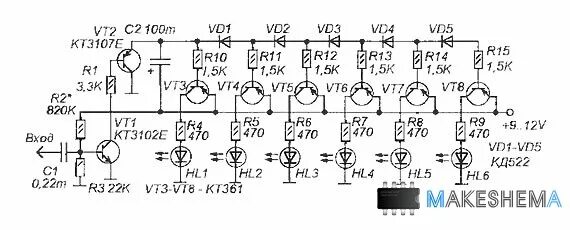 Светодиодный индикатор уровня сигнала на транзисторах кт315. Светодиодный индикатор уровня сигнала на транзисторах схема. Индикатор уровня на транзисторах кт315 схема. Светодиодный индикатор уровня сигнала НЧ на транзисторах кт315.