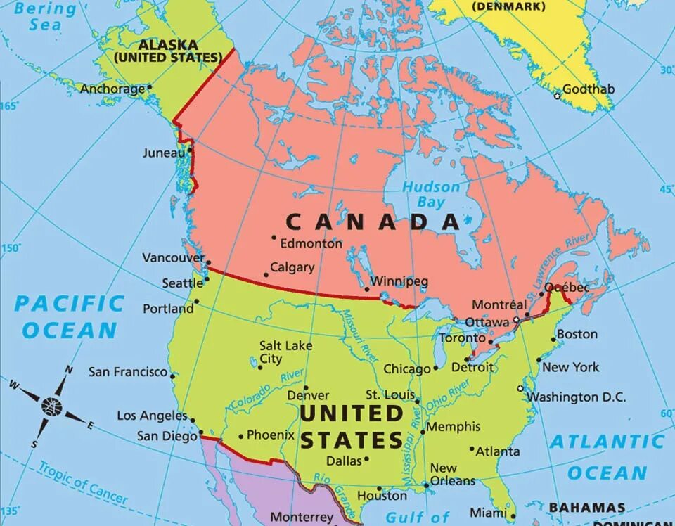 Границы северной америки какие. Канада на карте Северной Америки. Политическая карта Северной Америки на английском. Карта Северной Америки со странами на английском. Границы Канады на карте Северной Америки.