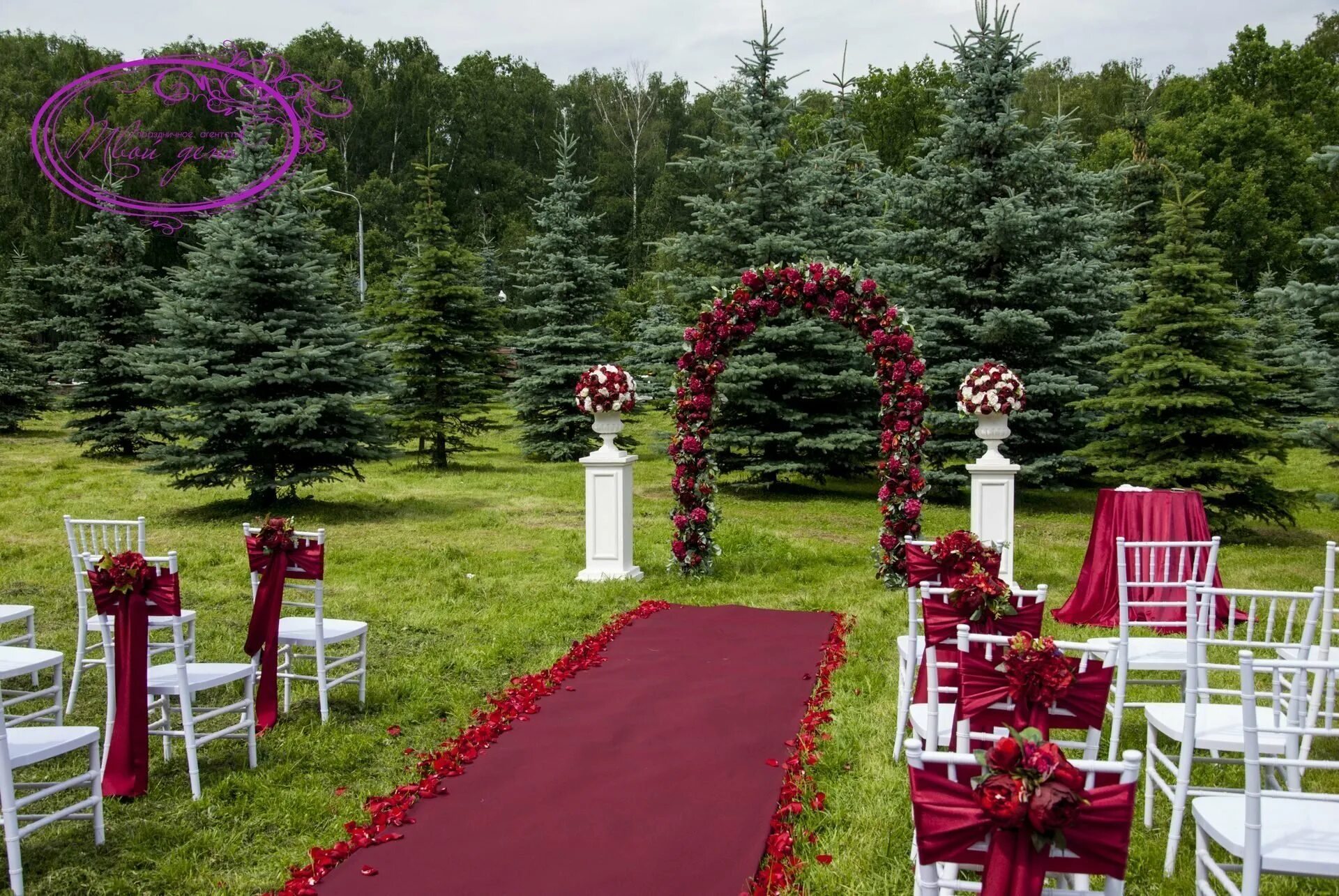 Церемония марсала арка. Церемония бракосочетания выездная в бордовом цвете. Декор выездной церемонии. Арка для выездной регистрации.