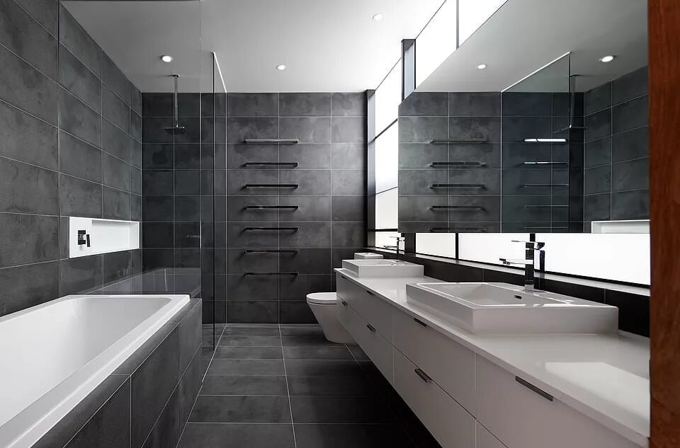 Ванная серого цвета плитка. Современная ванная комната. Черно серая ванная комната. Интерьер ванной комнаты в стиле лофт. Темно серая плитка в ванной.