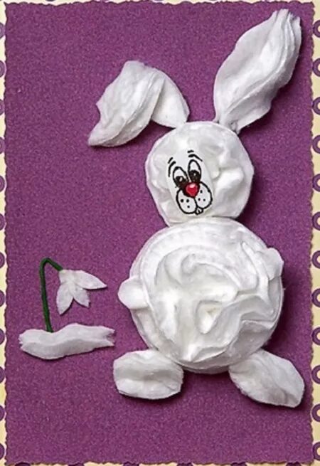 Зайчик из ватных дисков. Зайка из ватных дисков. зайчик из ватных дисков аппликация. поделка заяц из ватных дисков.