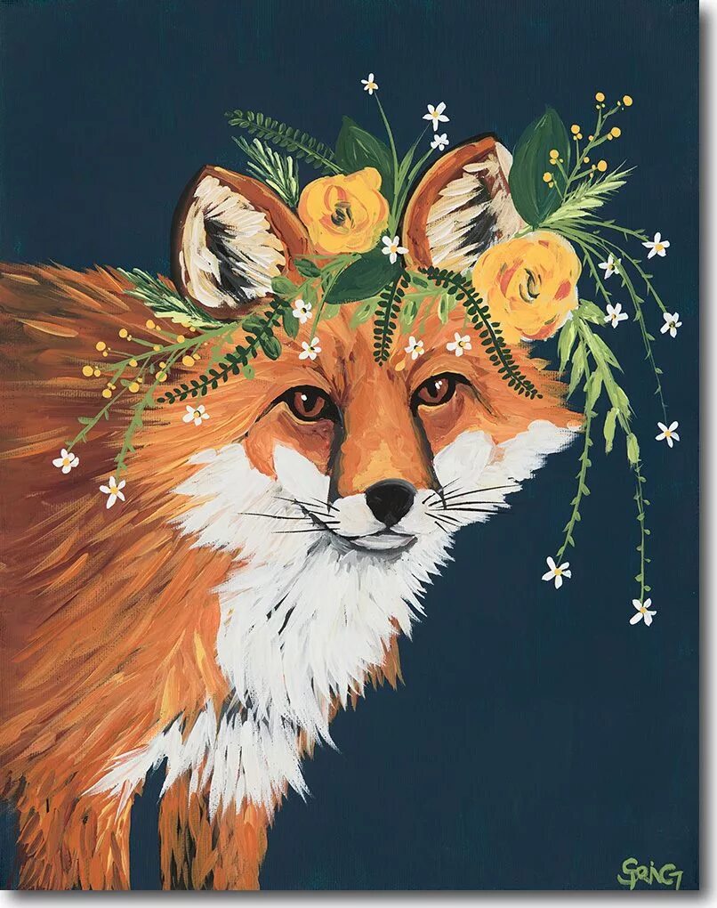 Flower foxes. Лиса живопись. Лиса рисунок. Лиса с венком. Лиса гуашью.