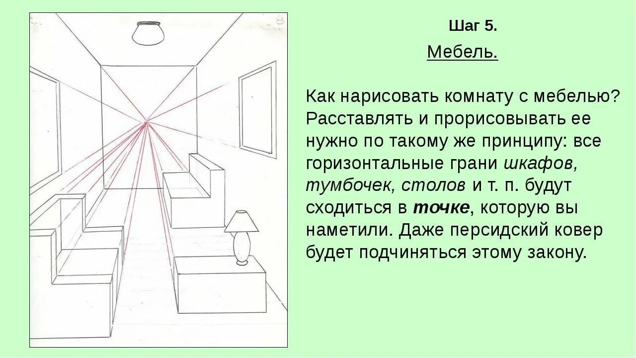 Урок 6 класс перспектива. Перспектива комнаты с одной точкой схода. Перспектива интерьера с одной точкой схода. Поэтапное рисование интерьера комнаты. Интерьер в перспективе рисунок.