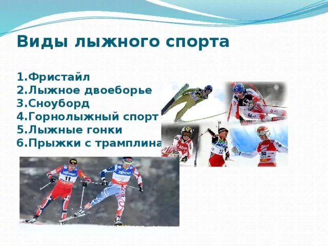 Какие виды спорта относятся к лыжному спорту. Виды спорта на лыжах. Виды спорта на лыжах список. Разновидности лыжного спорта. Лыжный спорт название.