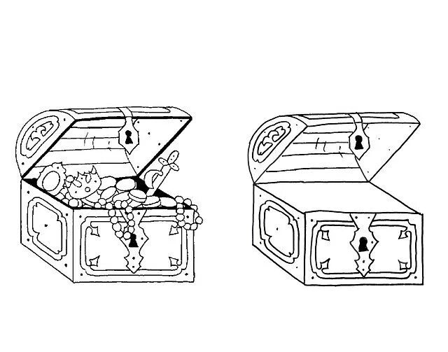 Раскраска сундук для детей распечатать Treasure Black and White Chest Icon Set. Pirate Line Wooden Coffers Collection.