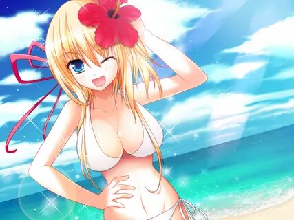 beach bikini blonde hair blue eyes flowers original ribbons sky swimsuit wa...