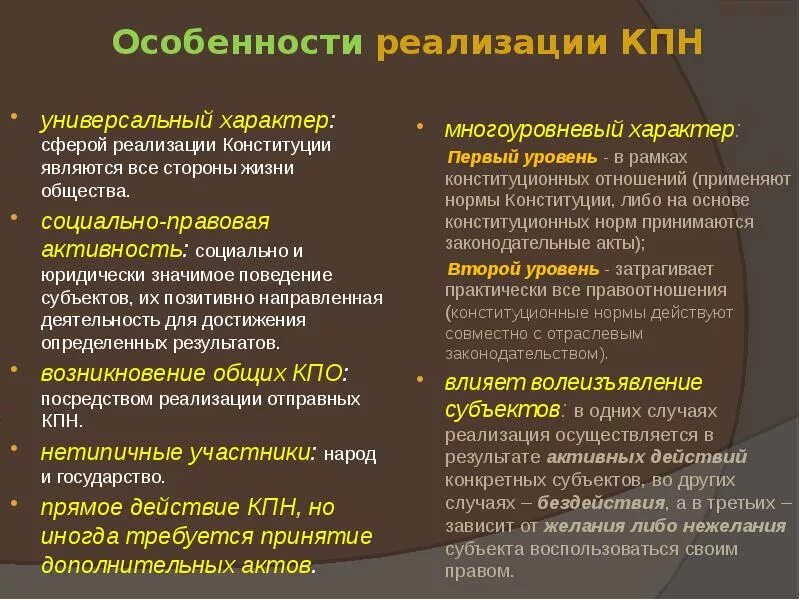 Реализация материальных норм. Особенности реализации конституционно правовых норм. Особенности конституционных норм. Специфика конституционно-правовых норм.