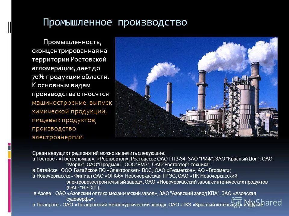 Какая промышленная продукция производится. Промышленное производство. Примеры промышленного производства. Промышленные предприятия Ростовской области. Экономика а промышленном производстве.