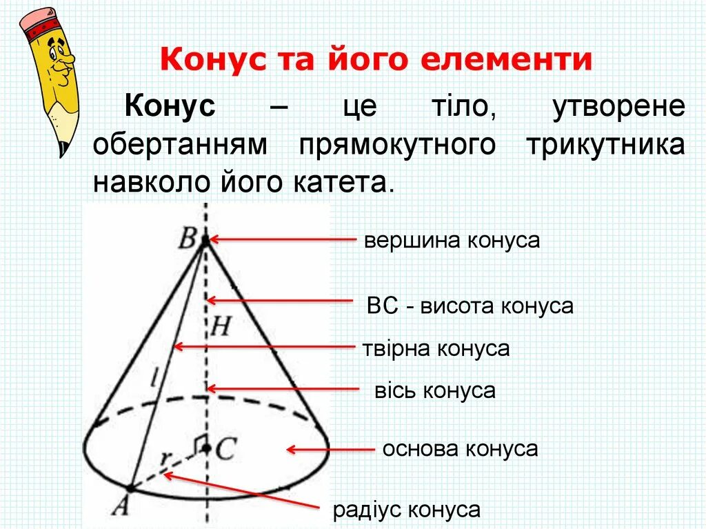 Конус и его элементы. Твірна конуса. елементи конуса на малюнку. твірна основа це.